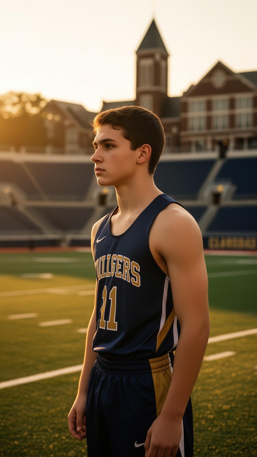 Student-athlete on a collegiate stadium field at golden hour
