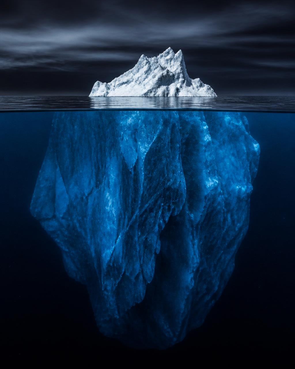 A small iceberg tip above the waterline with a massive body of ice submerged beneath